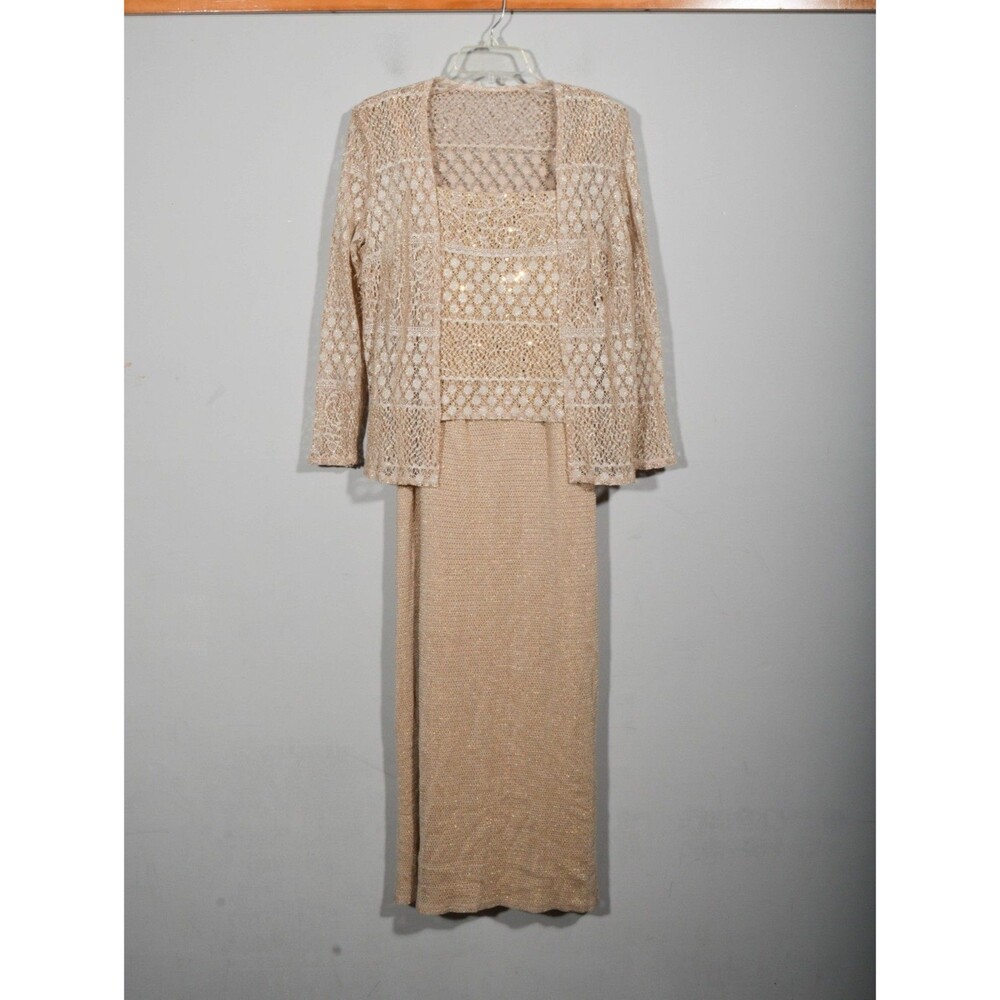 Vintage Onyx Nite Gold Crochet Sparkle Sequin Maxi Evening Dress w/ Jacket Sz 6P